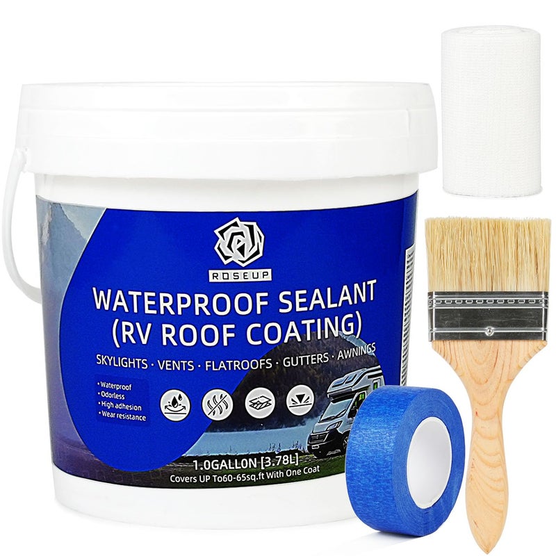 ROSEUP RV Roof Sealant & Coating – Liquid Rubber Waterproof Sealant for RV, Camper, Trailer Roof Repair, Leak Proof, DIY Application – 1 Gallon Kit - Image 1